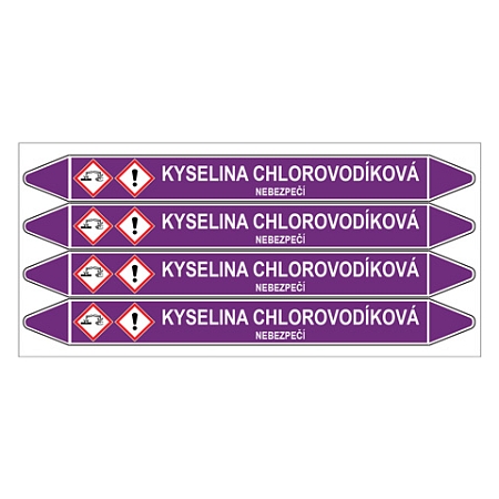 Značení potrubí, kyselina chlorovodíková,4 ks, 250 × 26 mm